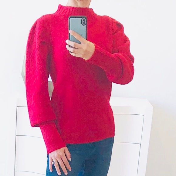 Red Puff Sleeve Fuzzy Sweater - Picture 4 of 7